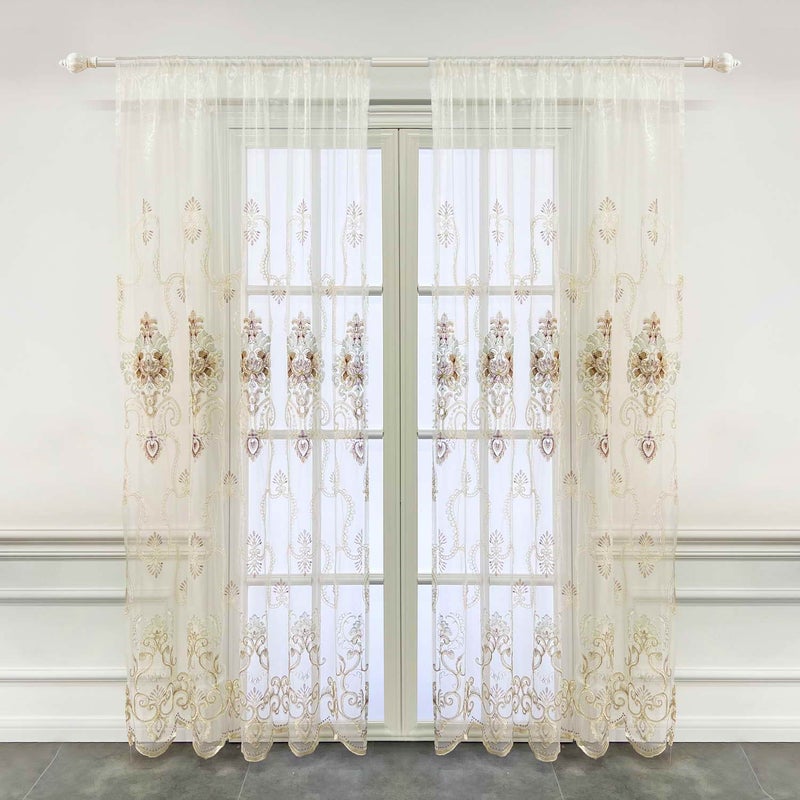 WPKIRA Exquisite European Embroidered Floral Sheer Curtains Rod Pocket Transparent Voile Window Treatment Drapes for Living Room/Hall/Villa Room Decoration Tulle Curtain 1 Panel W40 x L84 inch - Image 2